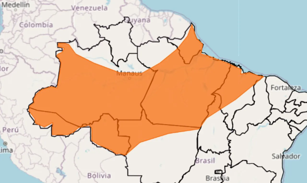 O mapa mostra as &aacute;reas em alerta laranja para chuva intensa e ventos